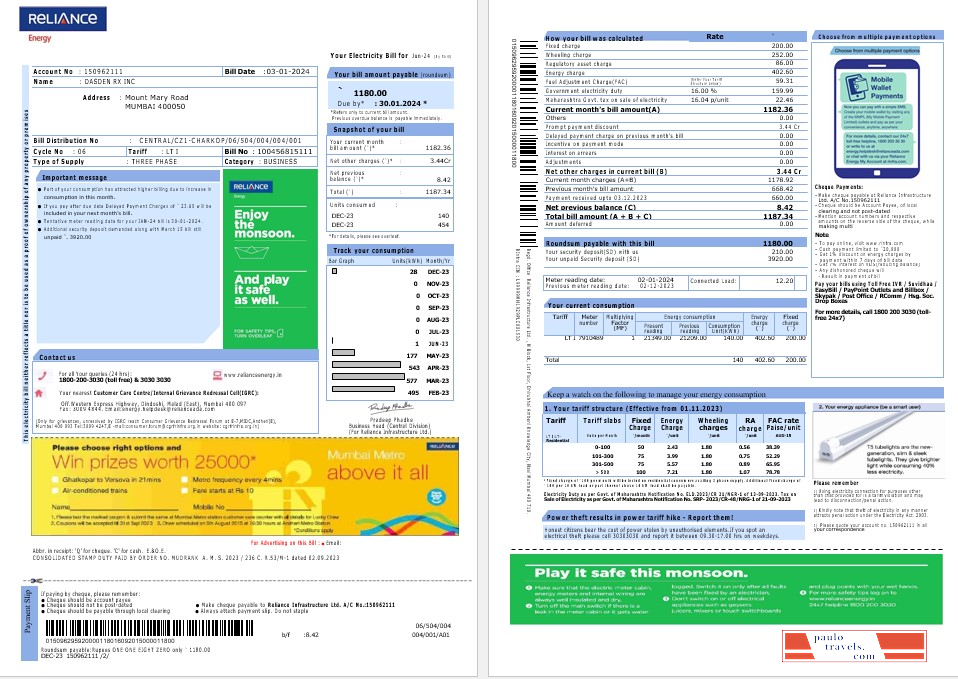 India Reliance Energy business utility bill Word and PDF template, 2 pages PSD template